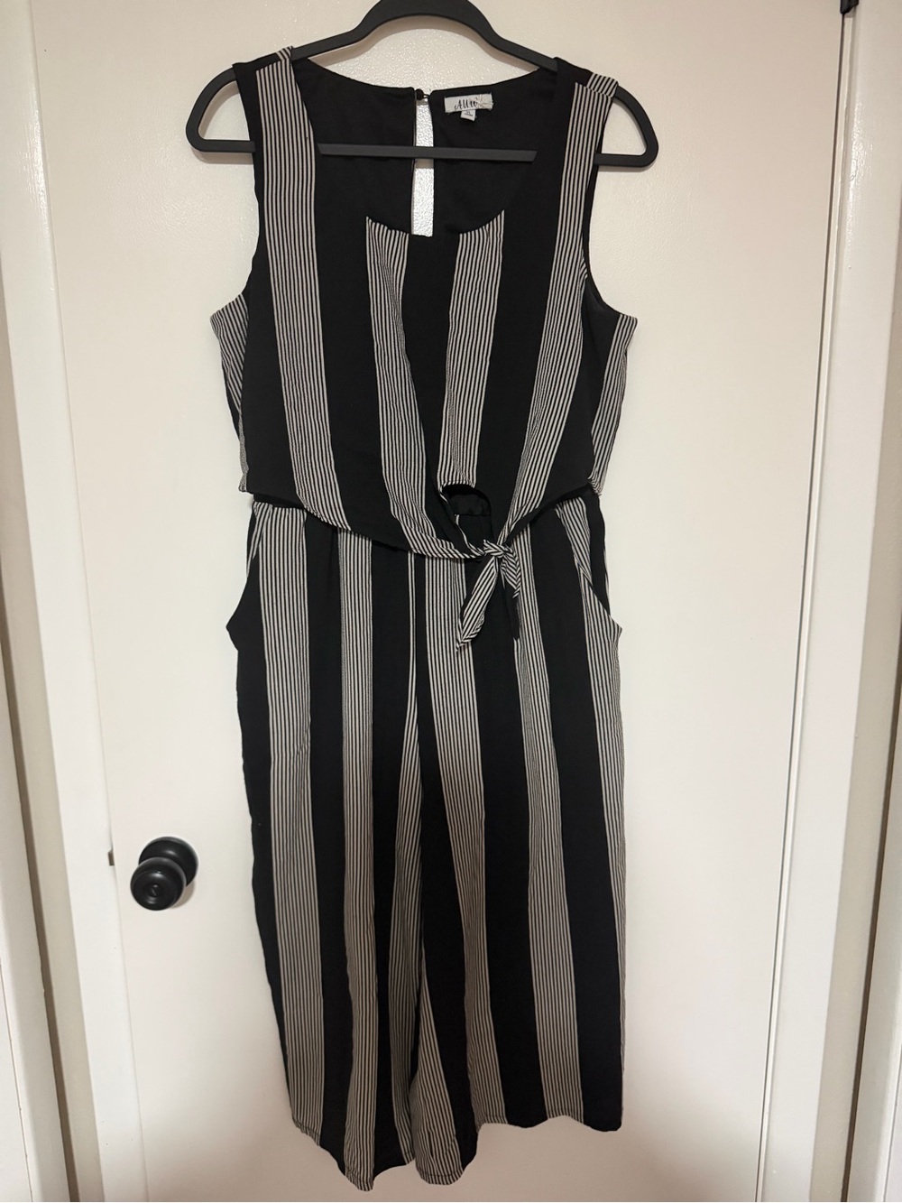 Sleeveless Black & White Striped Tie-Waist Jumpsuit